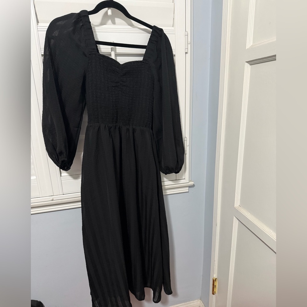 Madewell Black Smocked Midi Dress with Balloon Sleeves